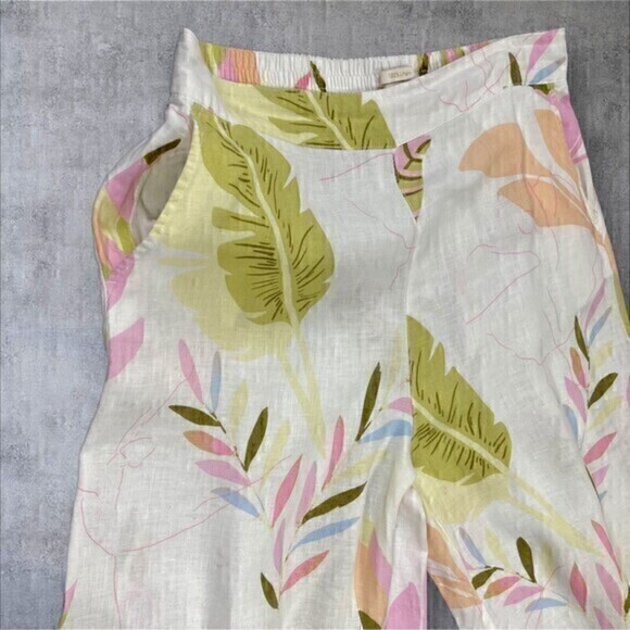 Cynthia Rowley Linen Pants Womens L Cream Tropical Print Wide Leg Crop Pull On - Picture 5 of 15